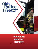 2025 Annual Report cover with a firefighter sitting in the back of a fire truck with the door open